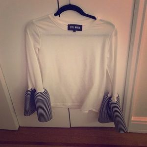 White top with striped bell sleeves